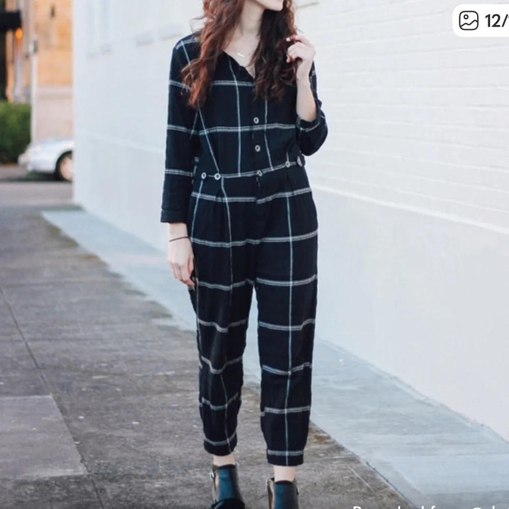 Free people keep it in checkered Sz large L jumpsuit with pockets as seen on TV